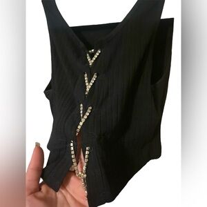Black Sleeveless Crop Top Rhinestone Lace Up Front